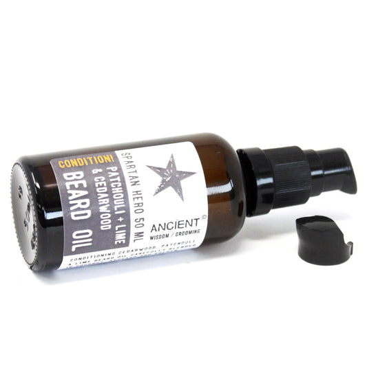 50ml Spartan Hero beard oil bottle with pump, brown glass, patchouli, lime & cedarwood scent.