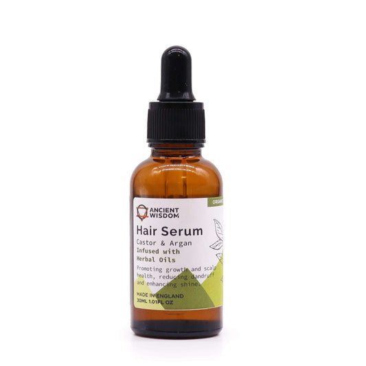 Organic Hair Serum 30ml - Herbal in a glass bottle with dropper, promoting hair growth and nourishing scalp.