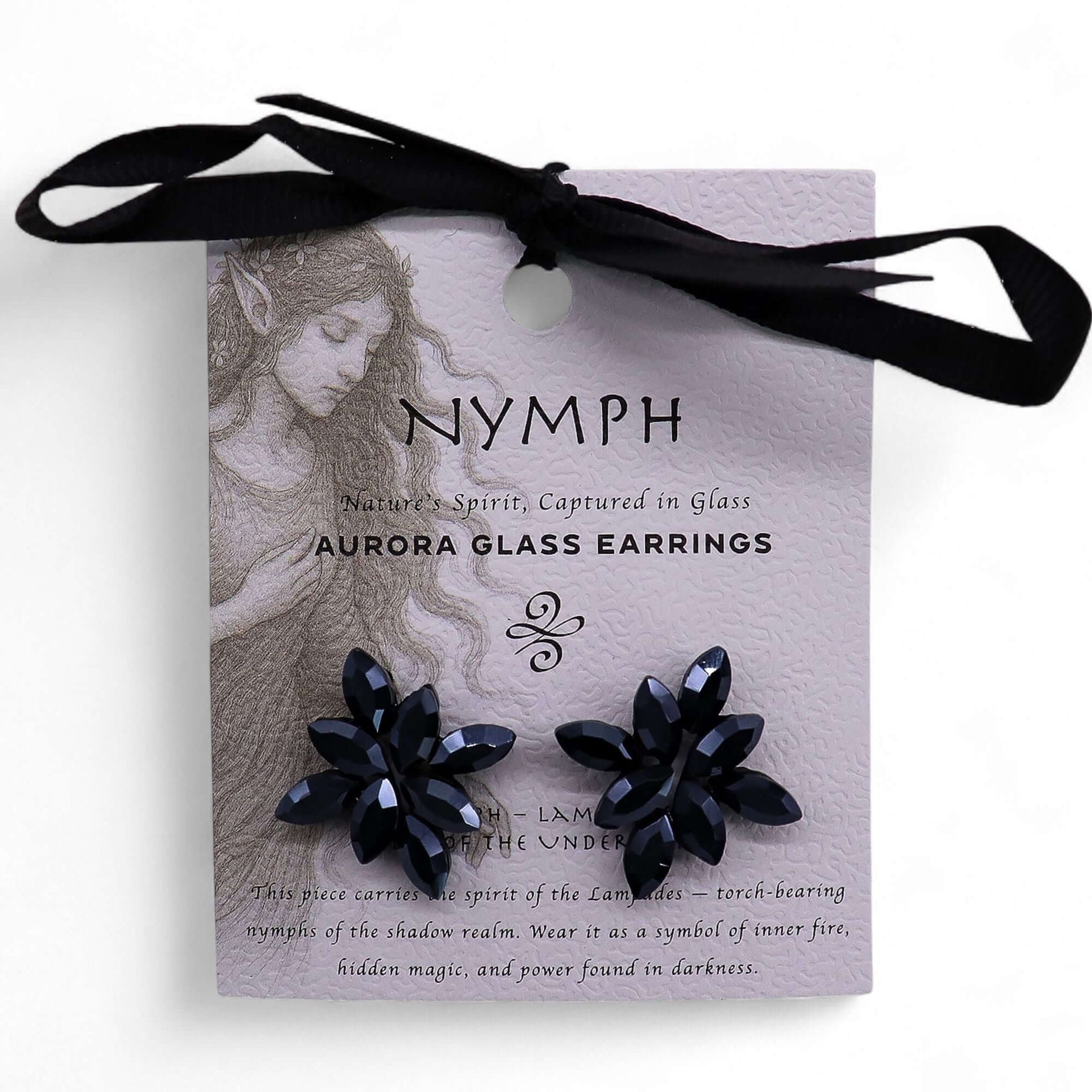 Jet Black Vintage Glass Flower Earrings With Stainless Steel Posts displayed on a card with black ribbon.