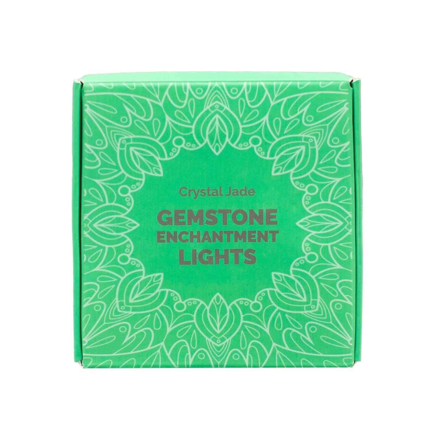 Gemstone Enchantment Lights Crystal Jade Gemstone LED String Lights packaging box with decorative green design.