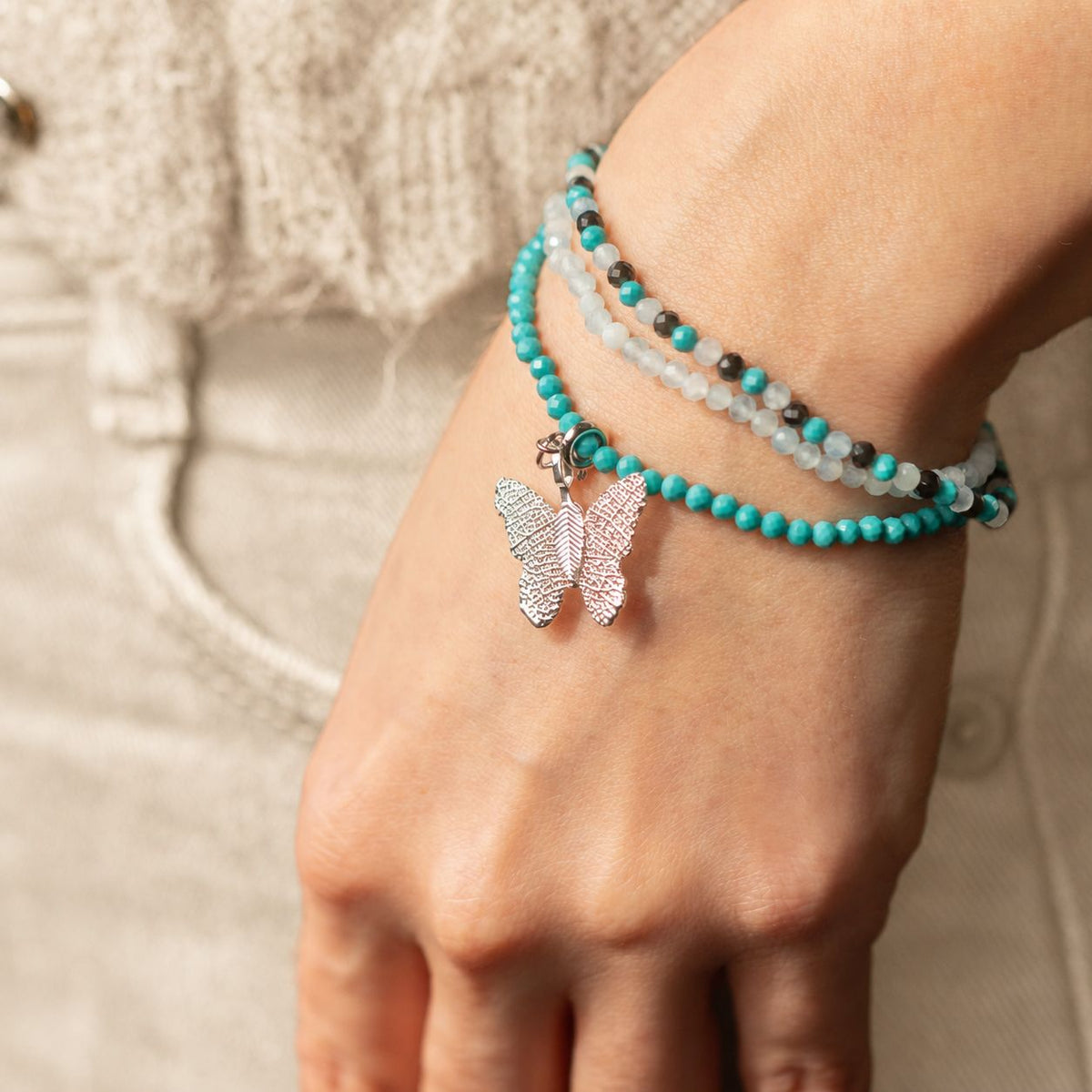 Aquamarine, Turquoise & Black Obsidian Gemstone Bracelet Set