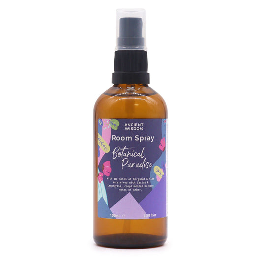 Summer Room Spray - Botanical Paradise 100ml by Ancient Wisdom, amber spray bottle with purple floral label