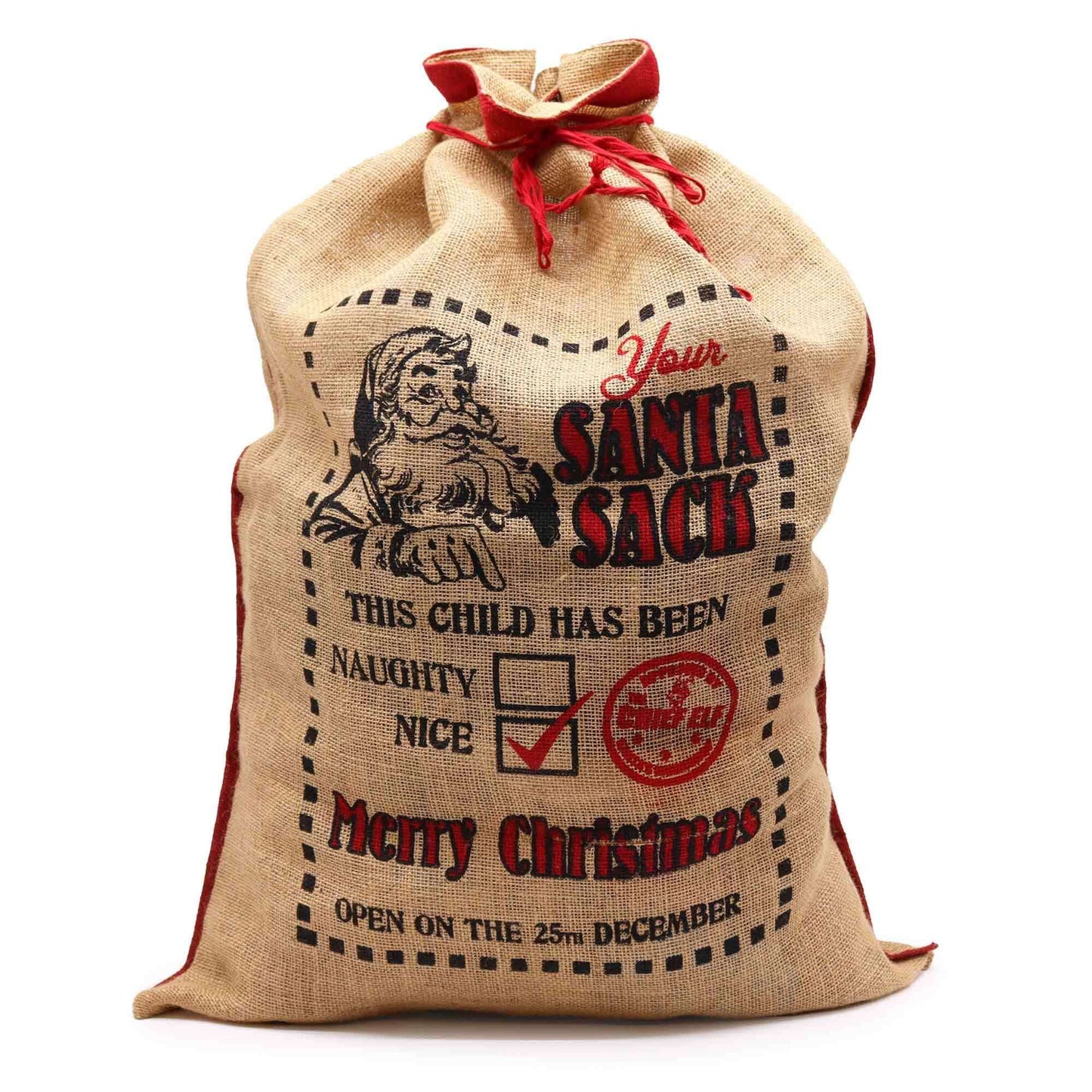 Your Santa Sack Jute Gift Bag Naughty Nice Check Box Christmas Sack for children's presents storage.