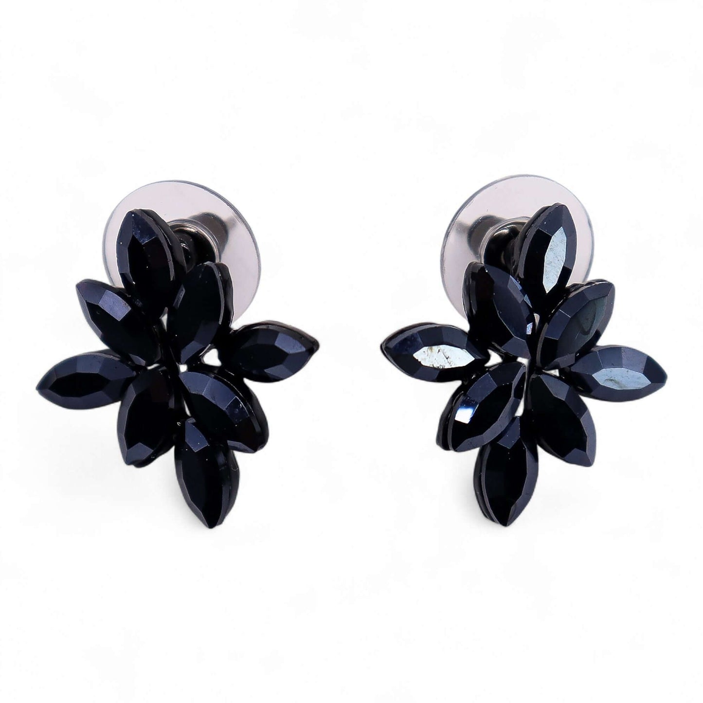Jet Black Vintage Glass Flower Earrings With Stainless Steel Posts featuring floral design and polished petals.