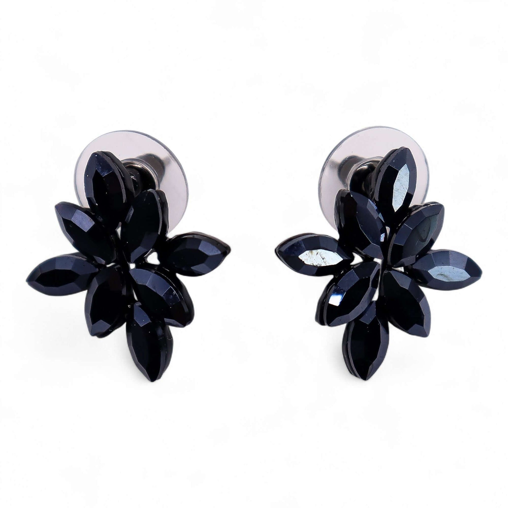 Jet Black Vintage Glass Flower Earrings With Stainless Steel Posts featuring floral design and polished petals.