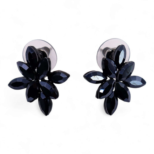 Jet Black Vintage Glass Flower Earrings With Stainless Steel Posts featuring floral design and polished petals.