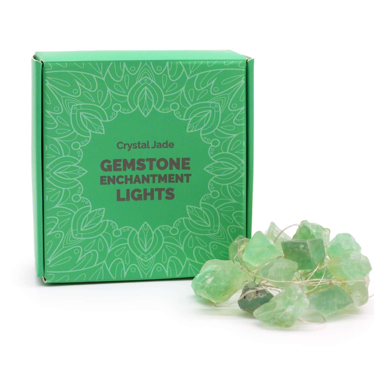 Gemstone Enchantment Lights Crystal Jade Gemstone LED String Lights with box and jade gemstones displayed.