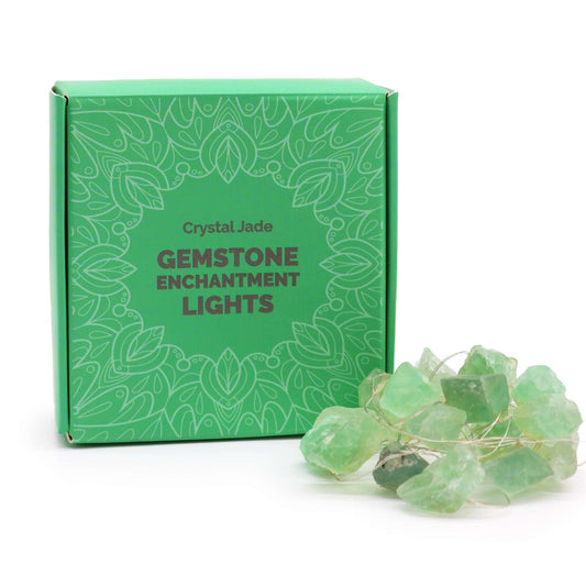 Gemstone Enchantment Lights Crystal Jade Gemstone LED String Lights with box and jade gemstones displayed.