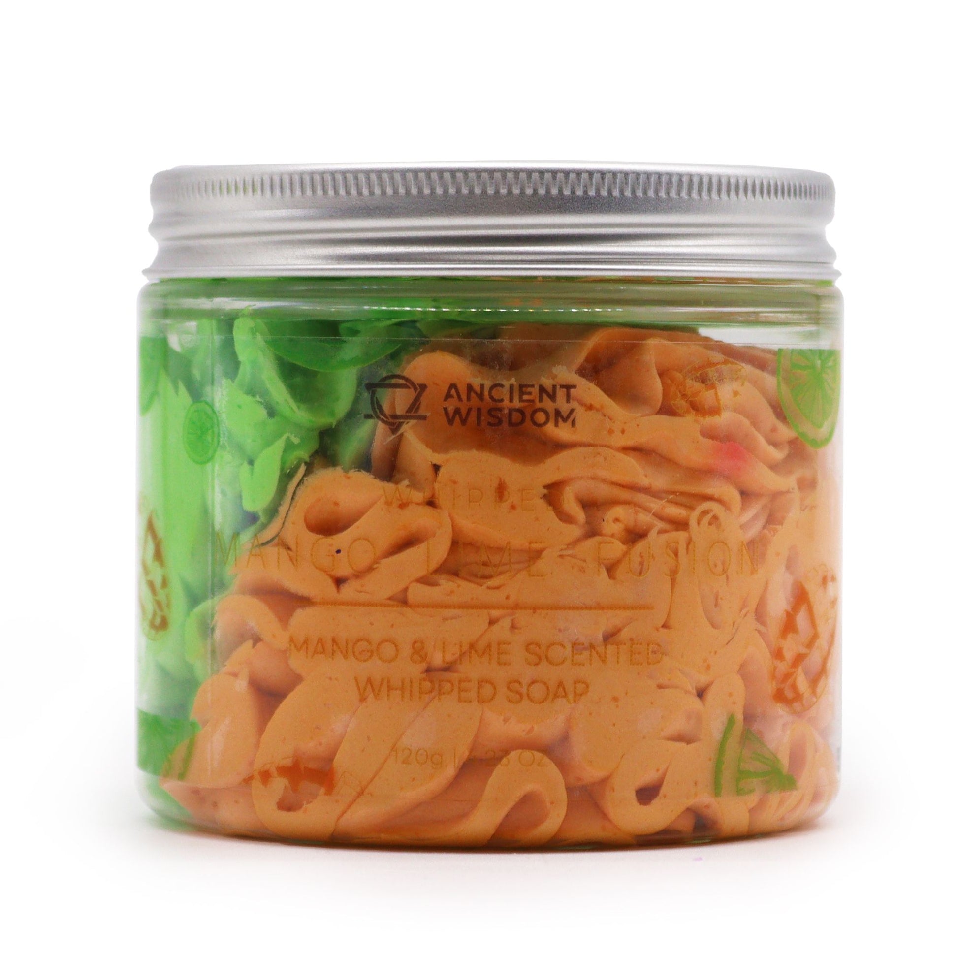 Mango & Lime Whipped Soap 120g in clear jar with green and orange swirls.