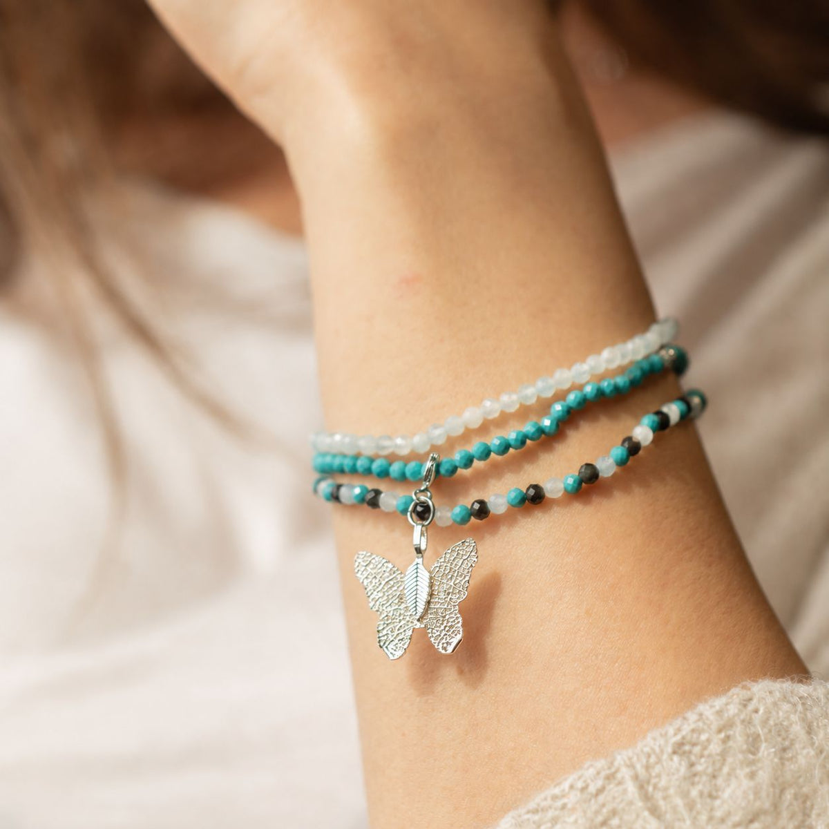 Aquamarine, Turquoise & Black Obsidian Gemstone Bracelet Set