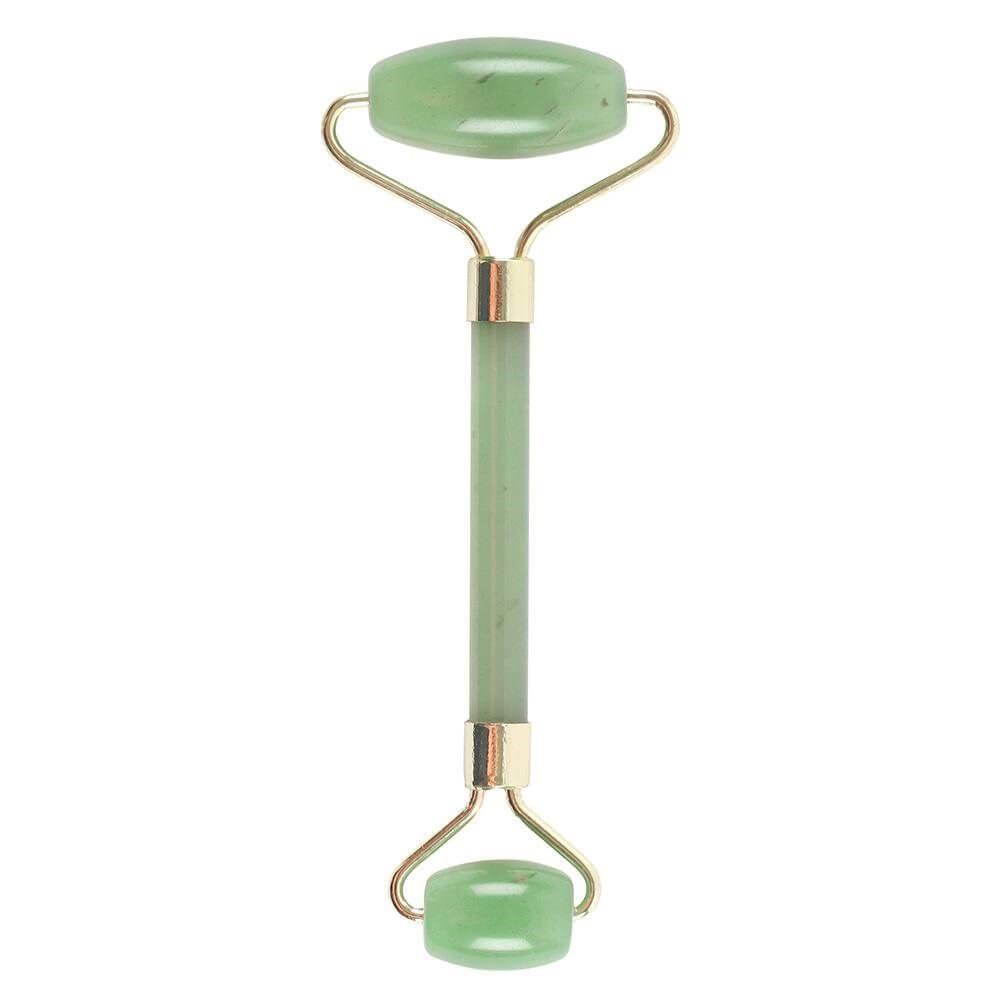 Jade Gemstone Facial Roller Double Ended Skin Care Tool with brass handles and jade rollers for skin care.