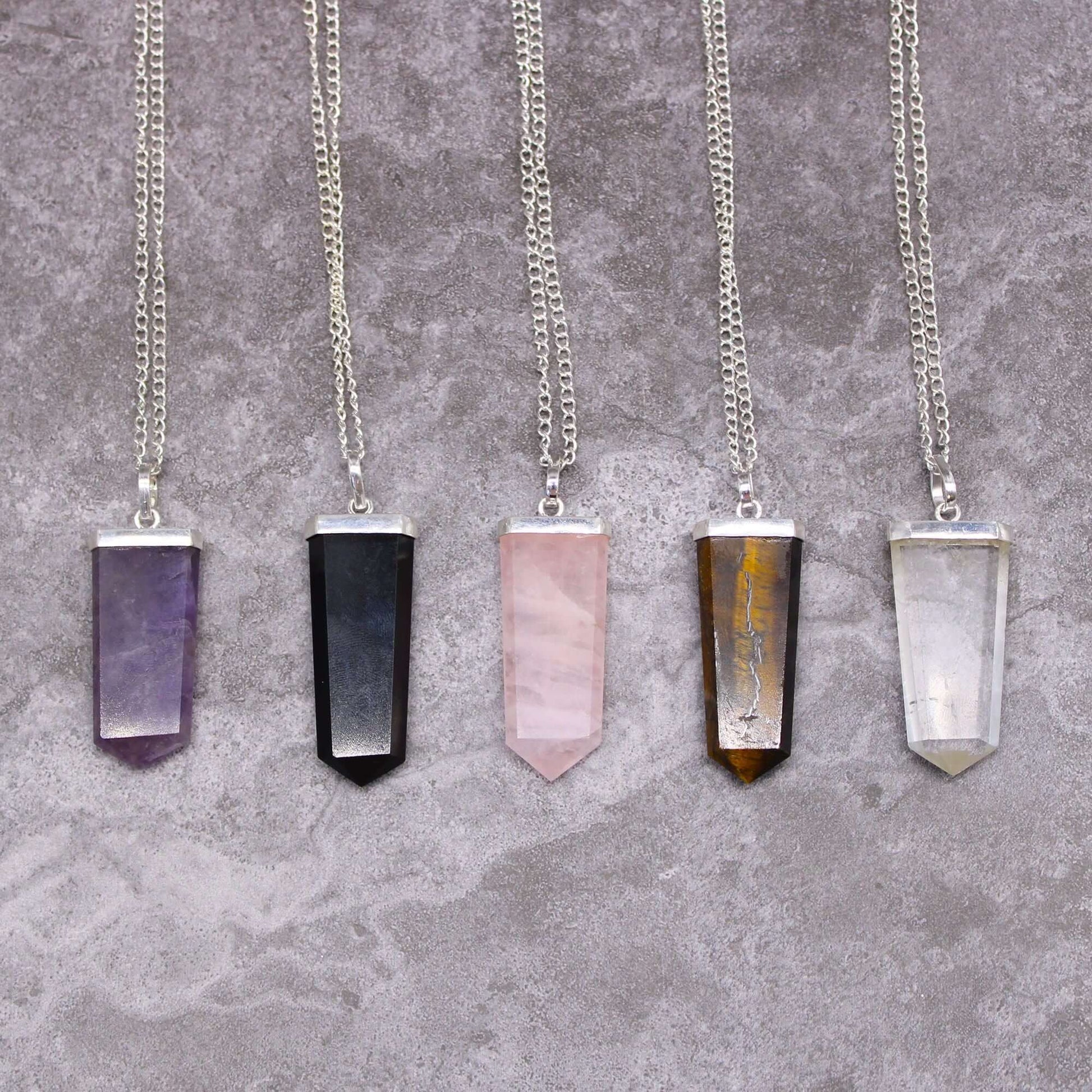 Amethyst Gemstone Flat Pencil Pendant Necklace Silver Plated in various colors displayed on chains.