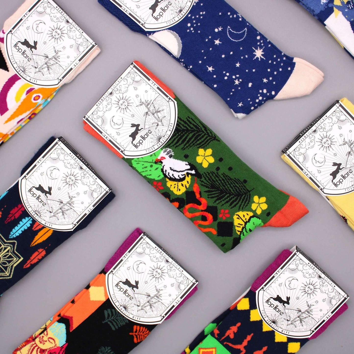 Hop Hare Bamboo Socks S/M - Midnight Cat design on colorful patterned socks.