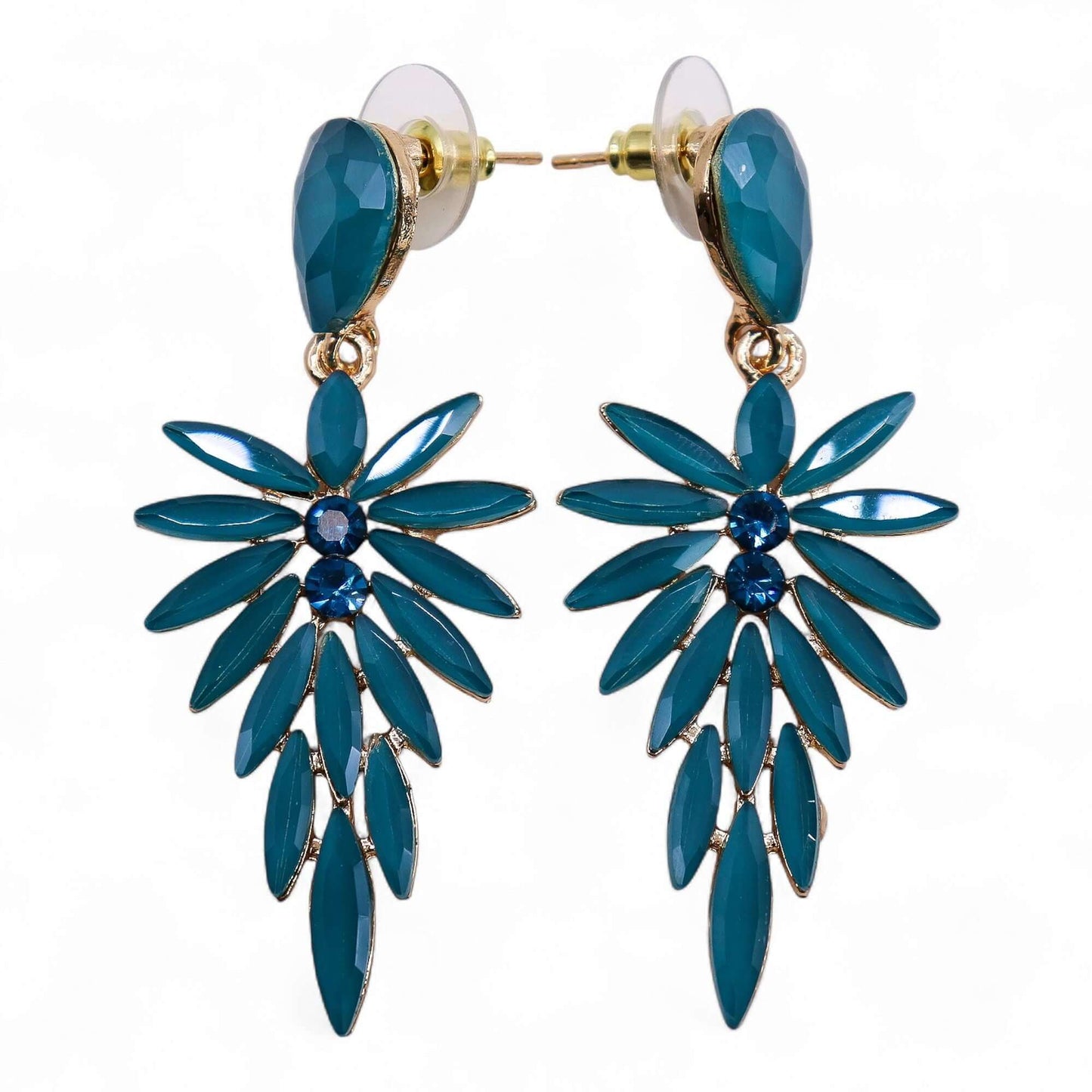 Teal glass long-drop earrings with a floral cluster and blue centre crystals in gold-tone metal.