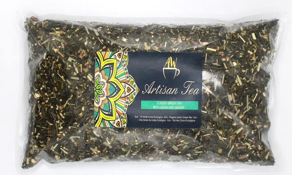 Eco Classic Green Tea with Lemon and Ginger 1Kg in a transparent package showcasing its organic ingredients.