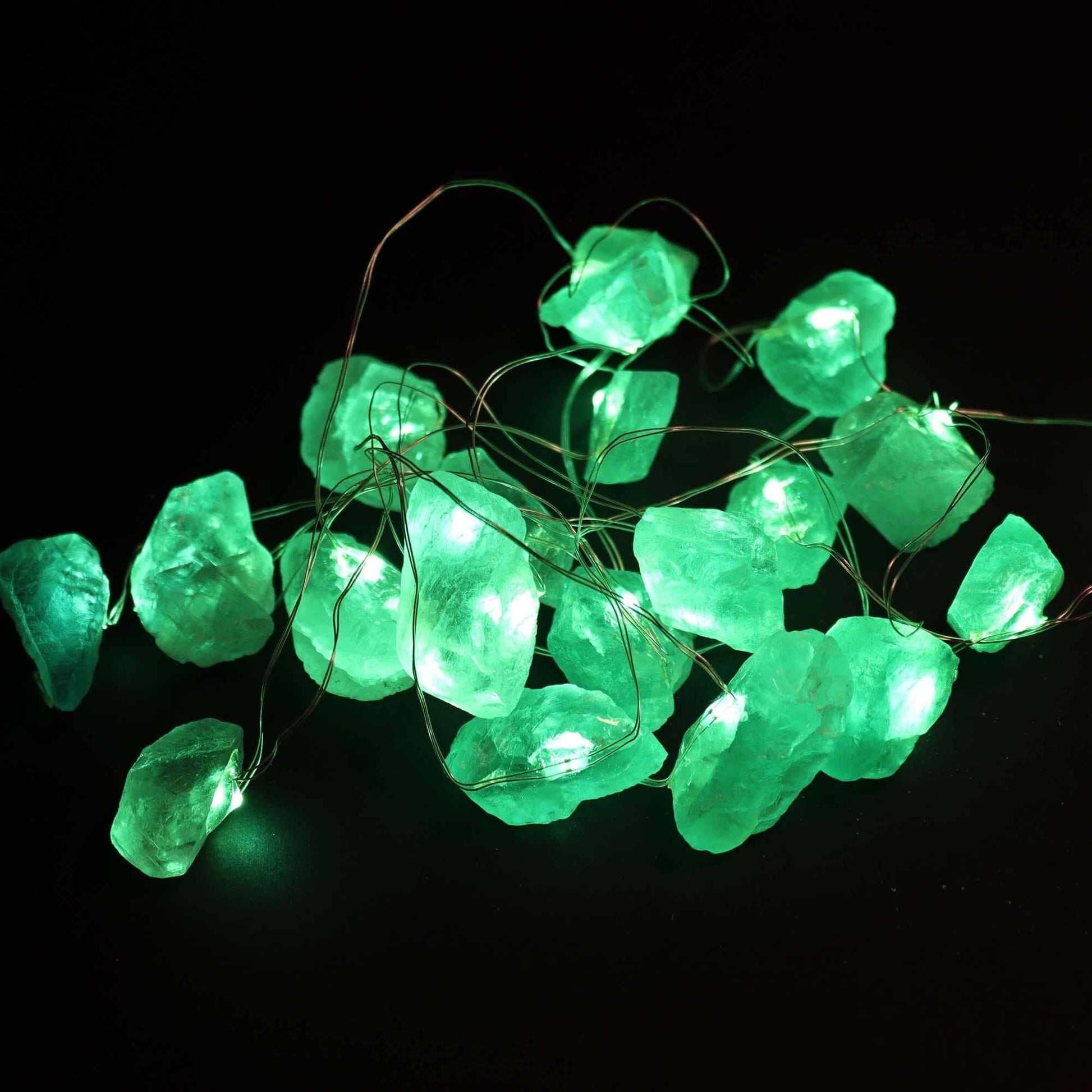 Gemstone Enchantment Lights Crystal Jade Gemstone LED String Lights with glowing green crystal jade rocks.