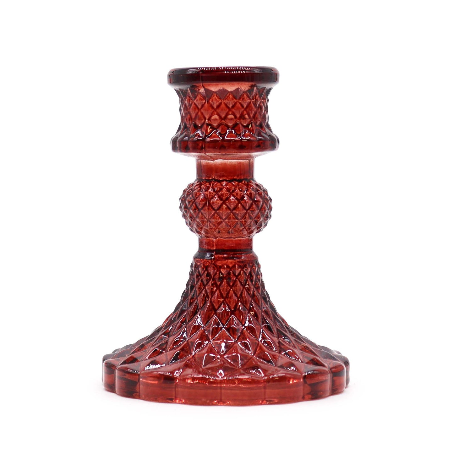 Vintage Dinner Candle Holder - Vampire Red: deep red cut-glass with diamond pattern, vintage-style candle holder.