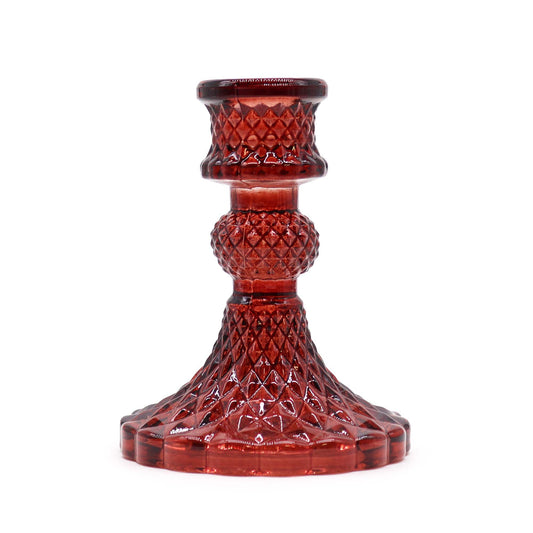 Vintage Dinner Candle Holder - Vampire Red: deep red cut-glass with diamond pattern, vintage-style candle holder.