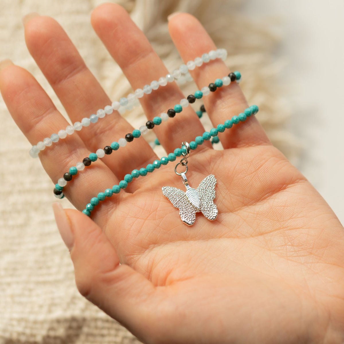 Aquamarine, Turquoise & Black Obsidian Gemstone Bracelet Set