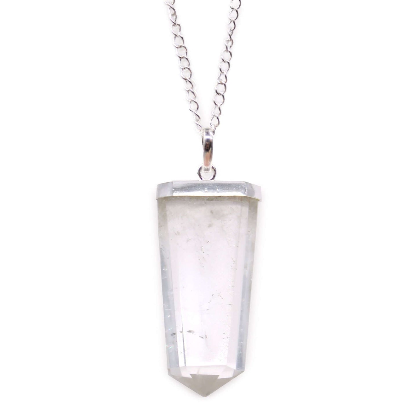 Rock Quartz Flat Pencil Pendant Necklace in Silver Plated showcasing clarity and purity.
