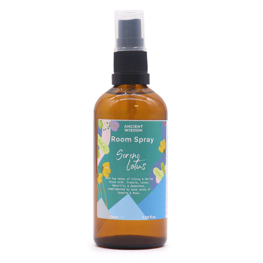 Ancient Wisdom Summer Room Spray - Serene Lotus 100ml amber spray bottle labelled with citrus and floral design