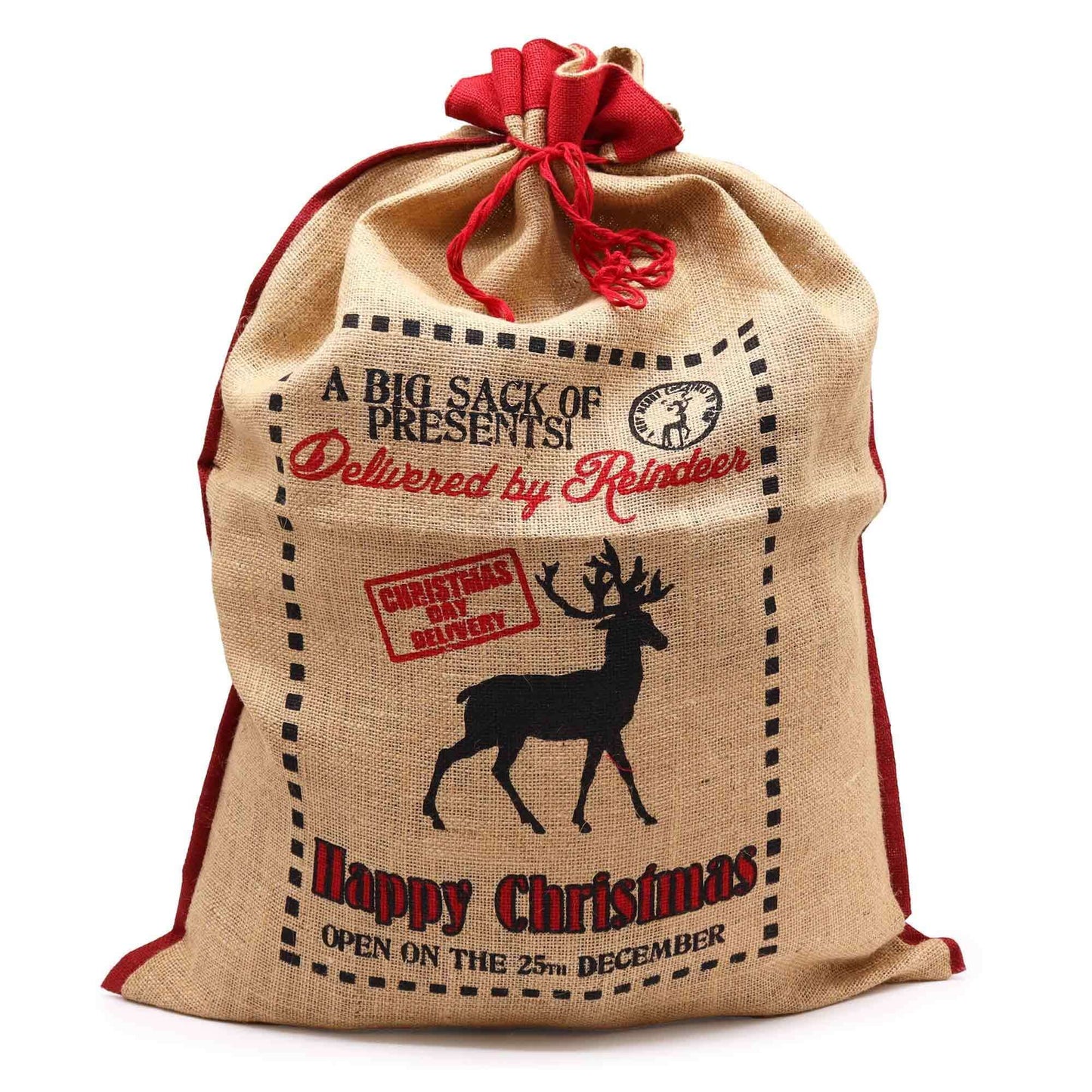 Delivered By Reindeer Jute Sack For Christmas Gifts Reusable with festive reindeer print and red accents.