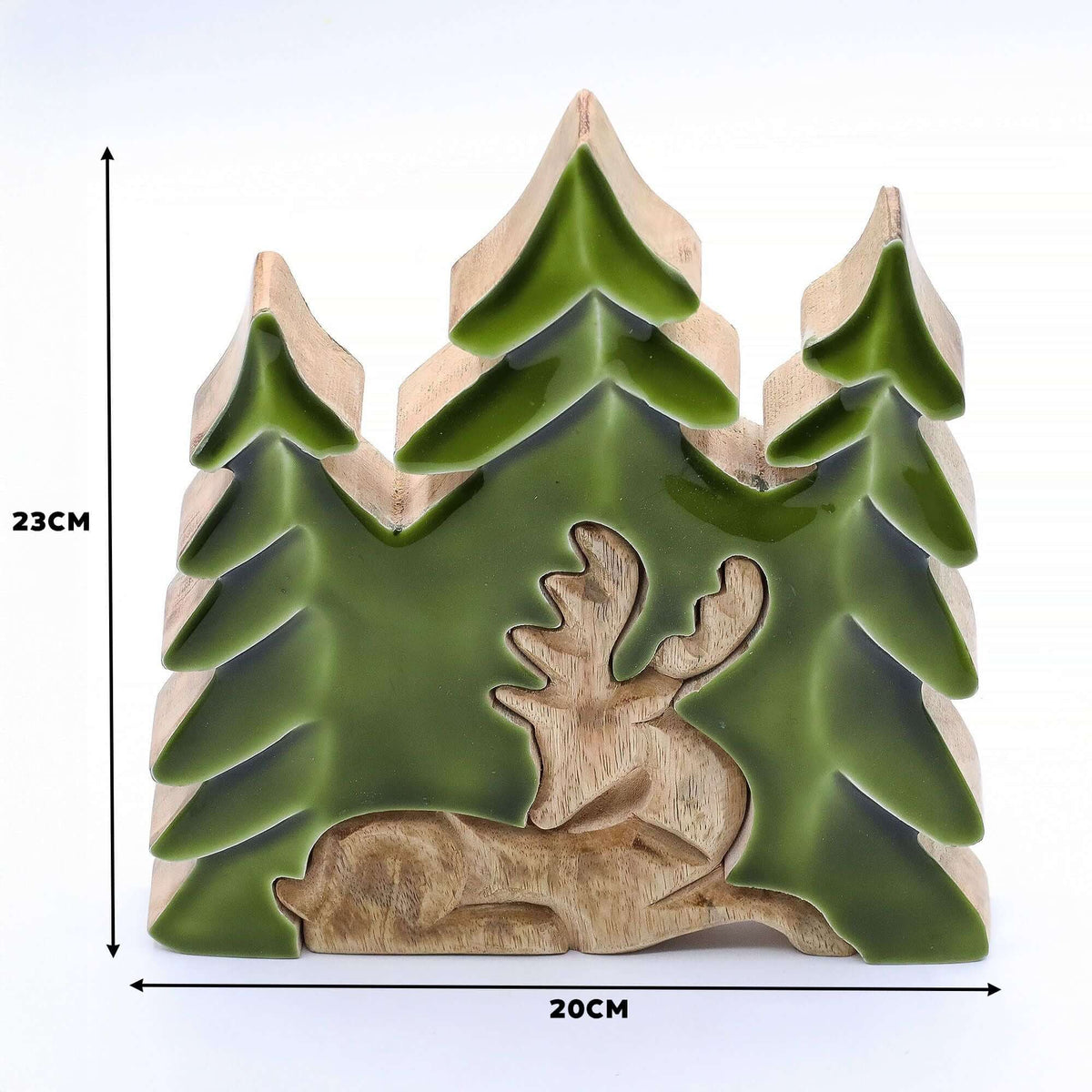 Lost in the Forest: 3D wooden stag and pine trees decoration, 23x20cm, handcrafted in India.