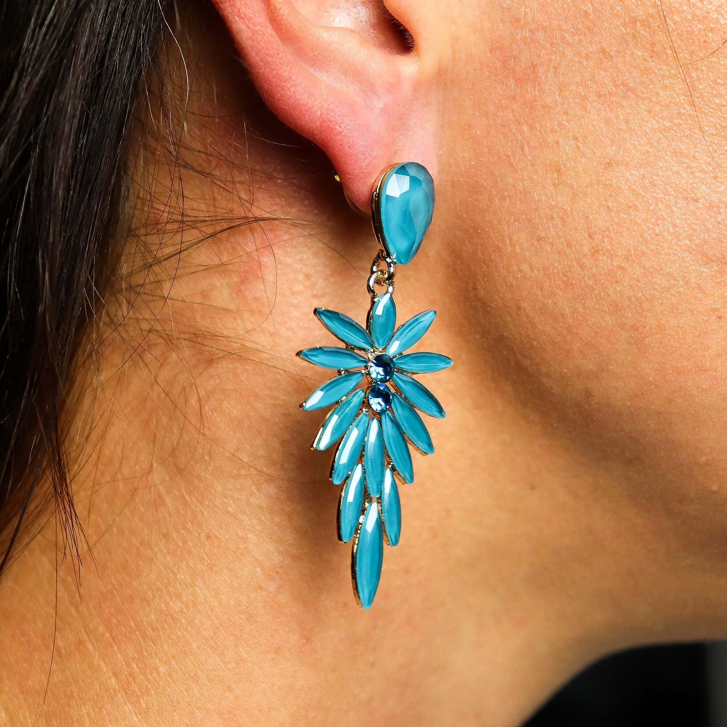 Teal green vintage glass long drop earrings with stainless steel fittings and turquoise floral petals.