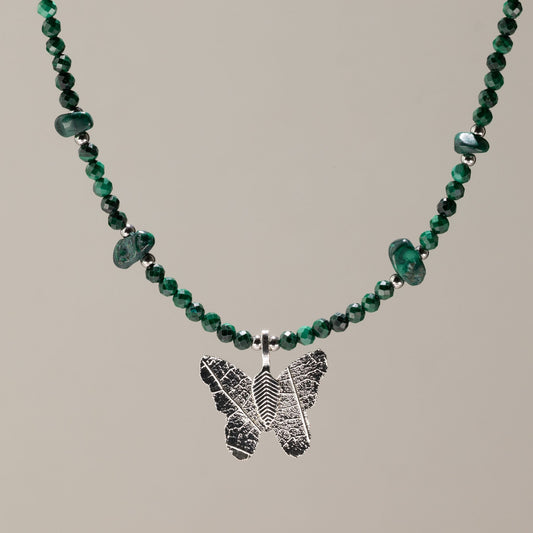 Malachite Gemstone Necklace with Real Leaf Butterfly Pendant
