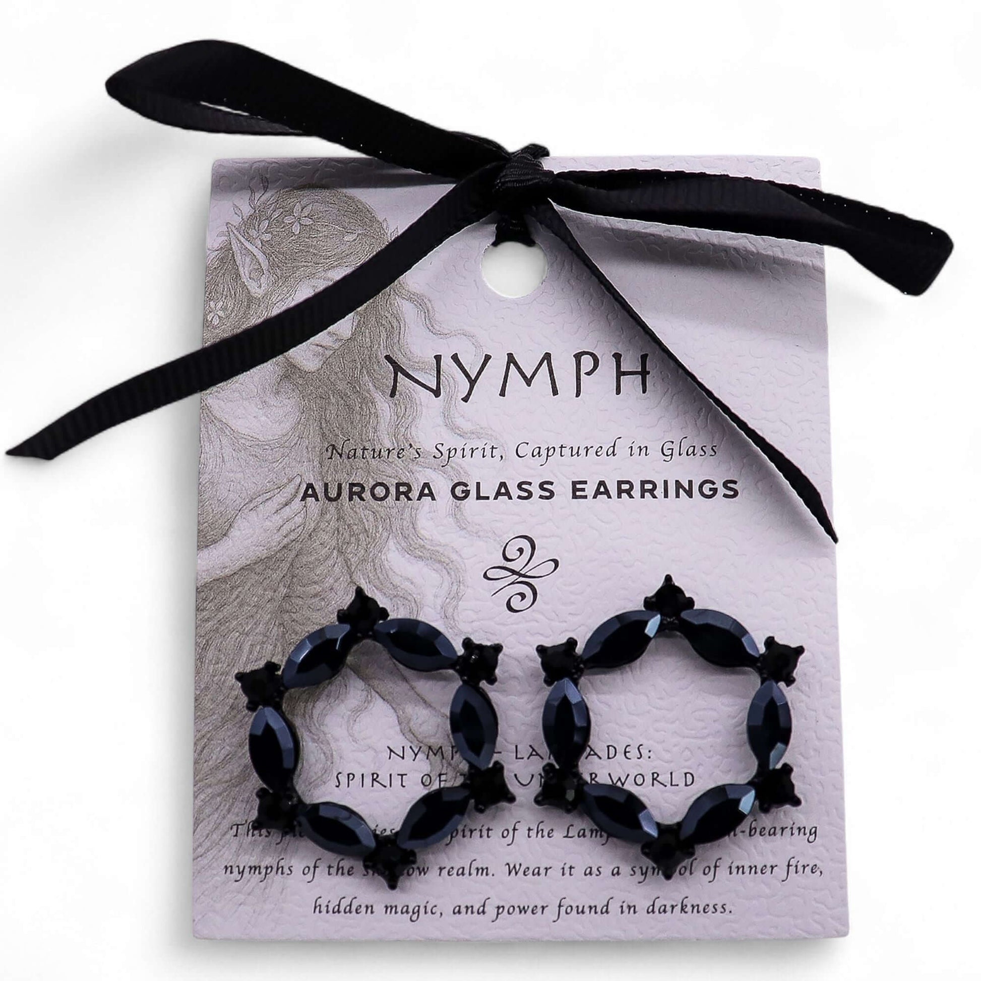 Jet Black Vintage Glass Loop Earrings by Nymph Aurora displayed on a branded card with a ribbon.