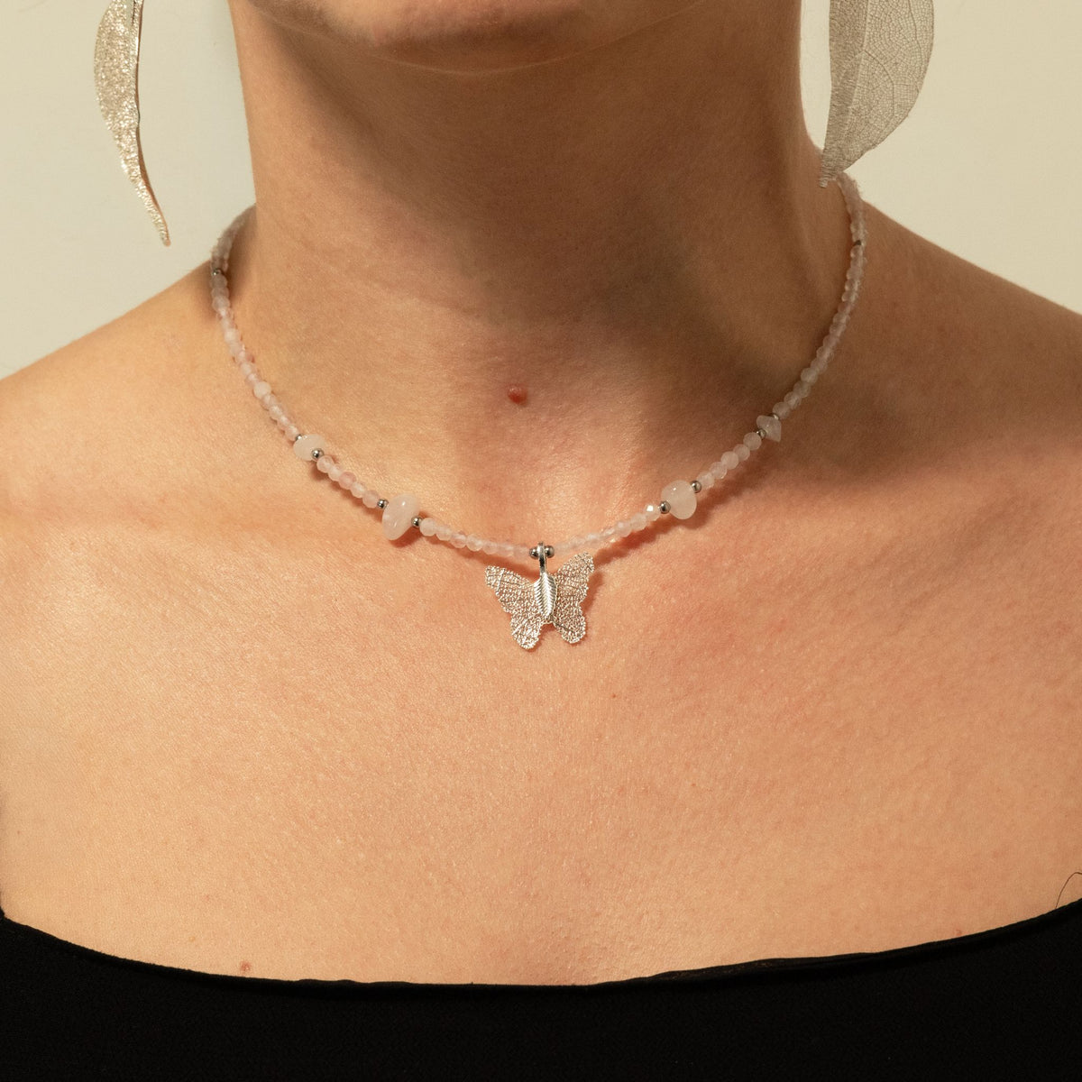 Rose Quartz Gemstone Necklace with Real Leaf Butterfly Pendant