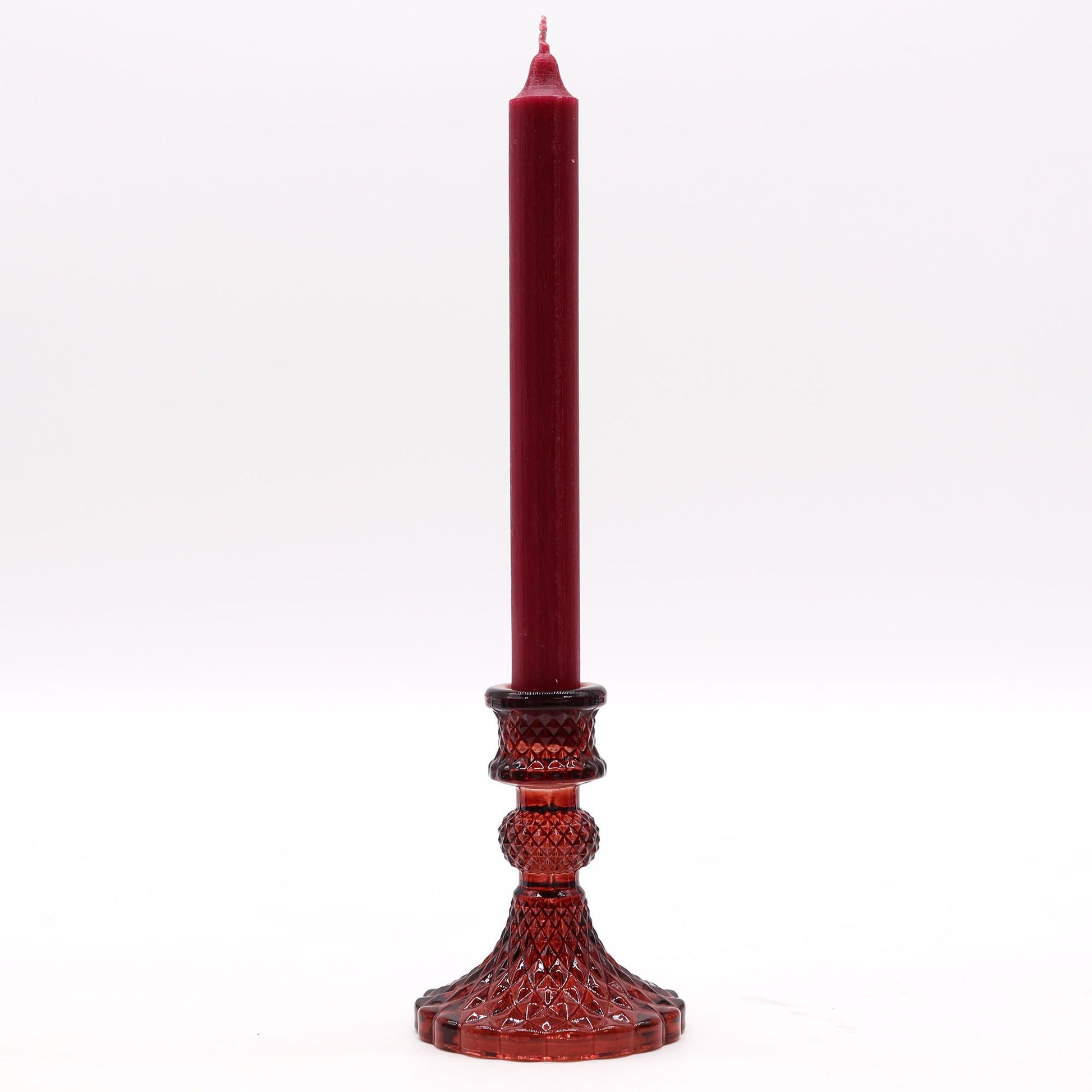 Vintage Dinner Candle Holder - Vampire Red: vintage red cut-glass candle holder with diamond pattern.