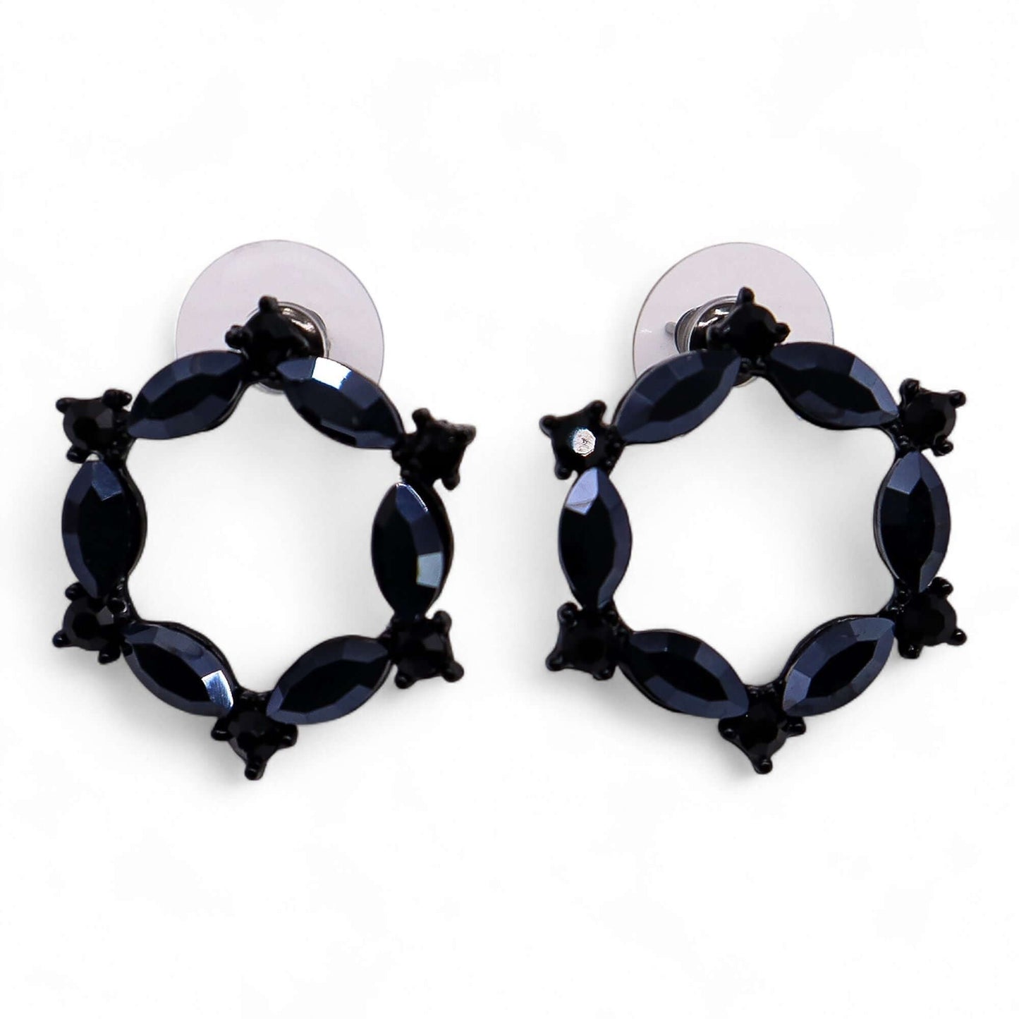 Jet Black Vintage Glass Loop Earrings by Nymph Aurora showcasing elegant design and subtle shimmer.