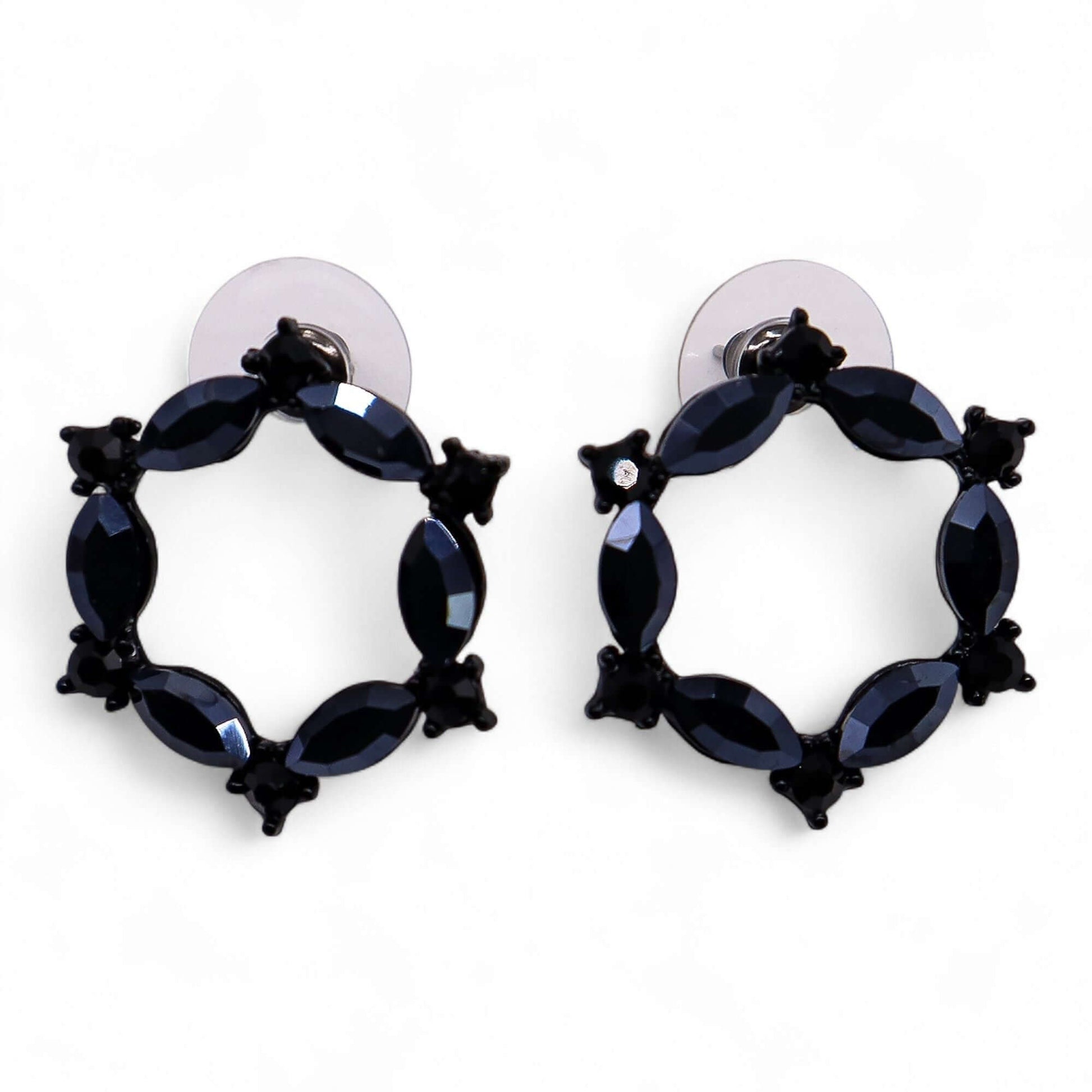 Jet Black Vintage Glass Loop Earrings by Nymph Aurora showcasing elegant design and subtle shimmer.
