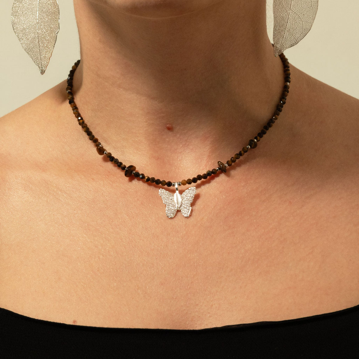 Tiger's Eye Gemstone Necklace with Real Leaf Butterfly Pendant