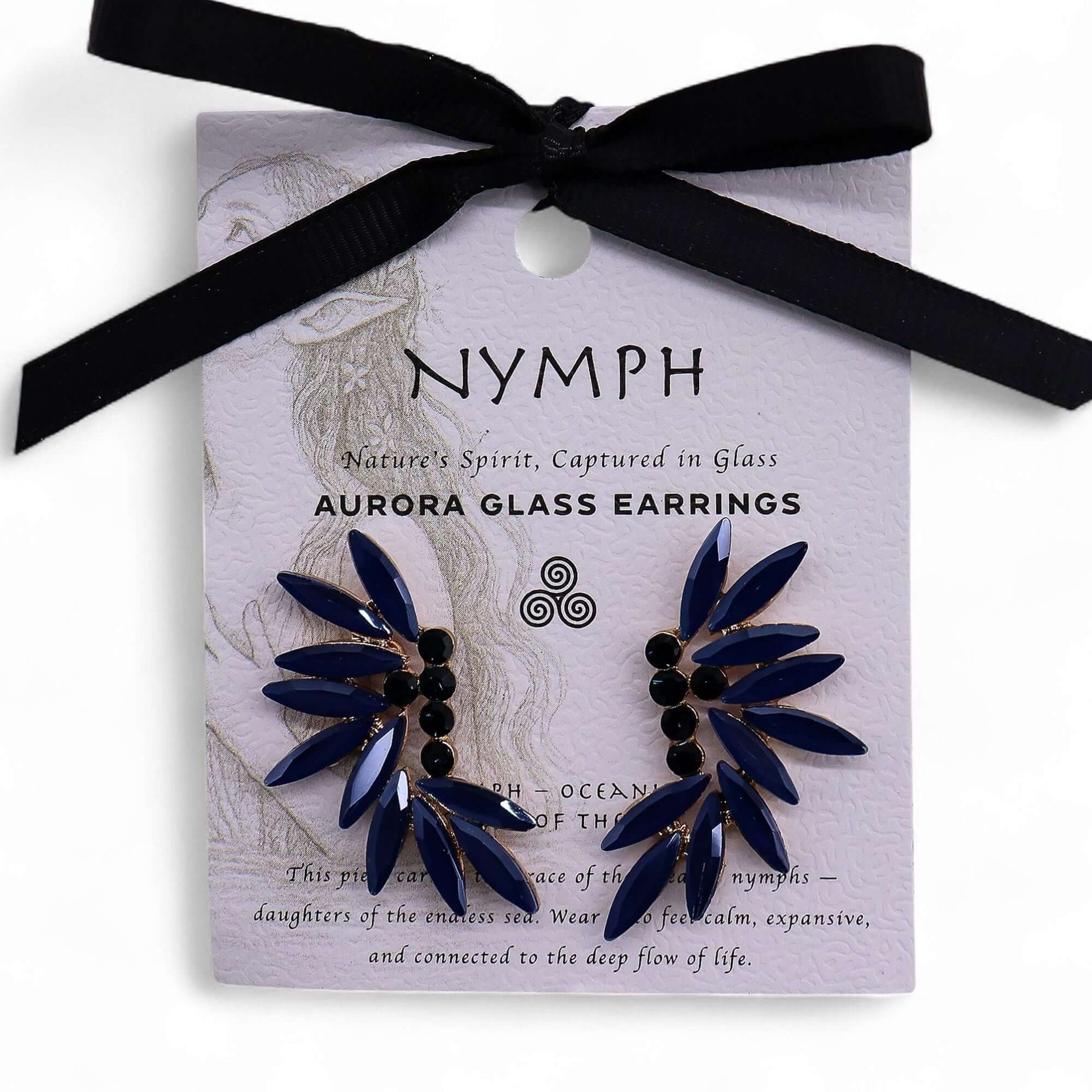 Royal Blue Vintage Glass Fairy Earrings With Leaf Motif displayed on a card with artistic design.