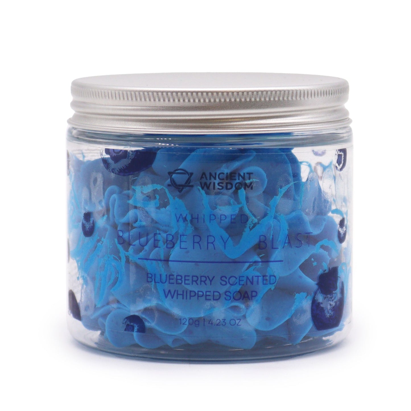 Blueberry whipped soap, 120g, in a clear jar with a silver lid; blue swirls.
