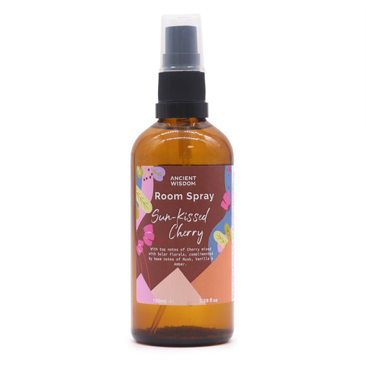 Ancient Wisdom Summer Room Spray - Sun-Kissed Cherry 100ml amber spray bottle with colourful floral label