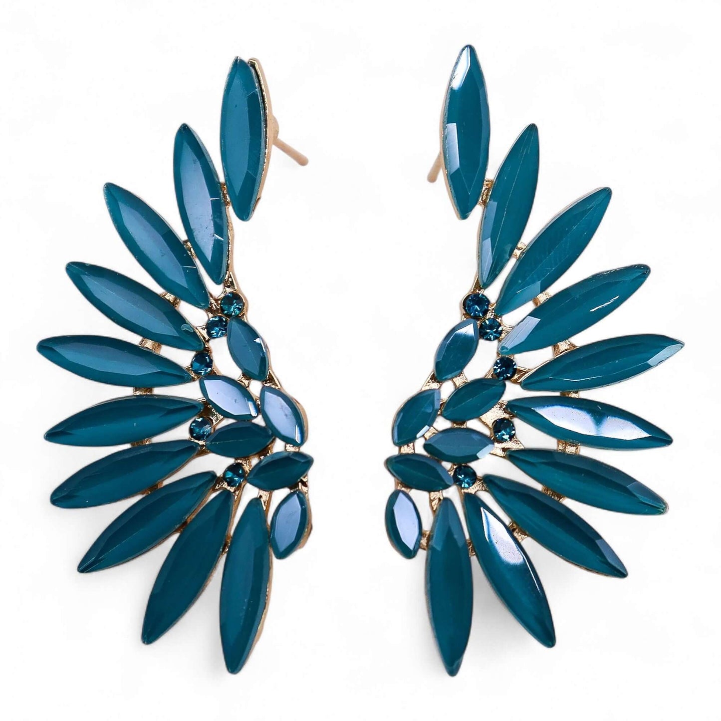 Teal green vintage glass angel-wing earrings with gold-tone settings and blue crystals