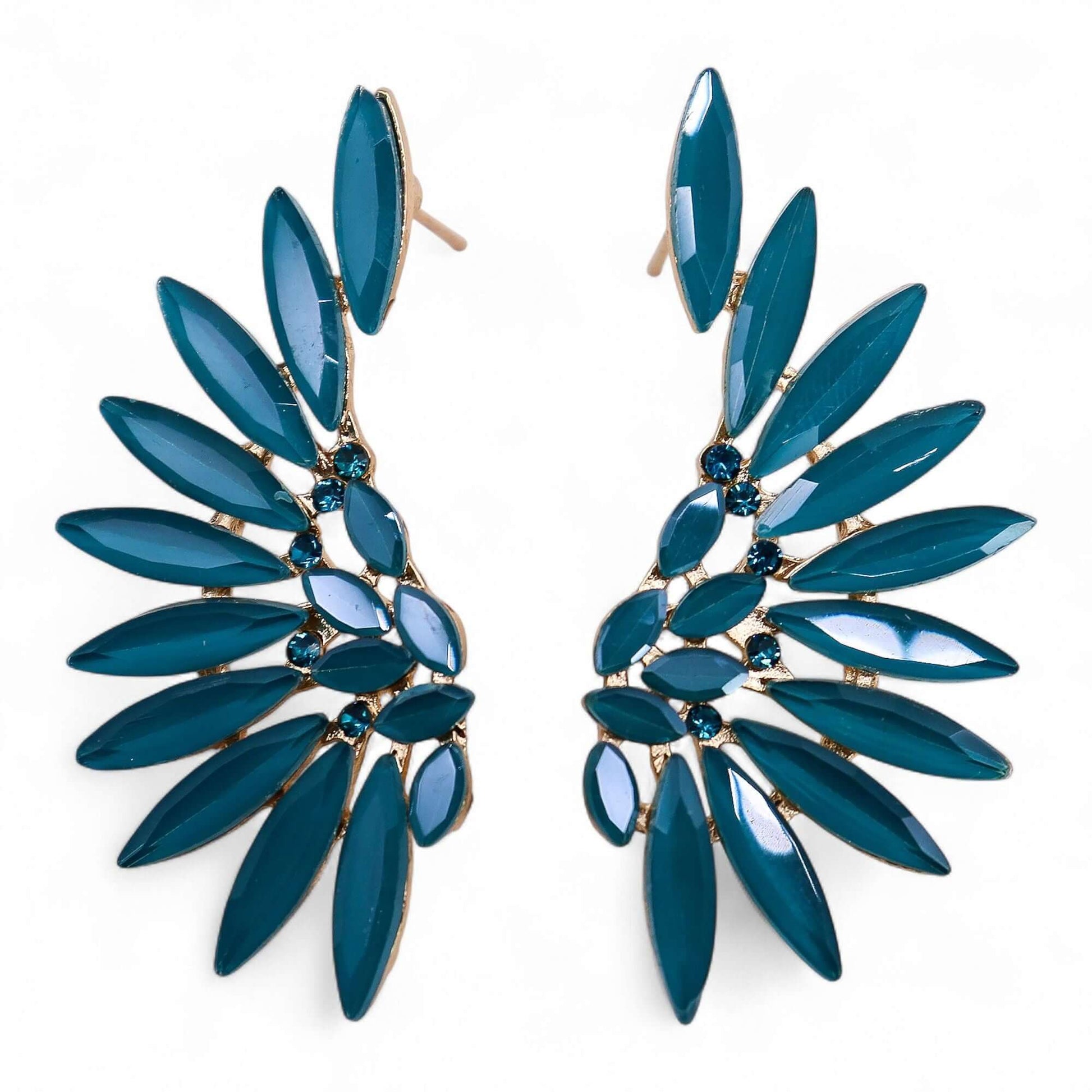 Teal green vintage glass angel-wing earrings with gold-tone settings and blue crystals