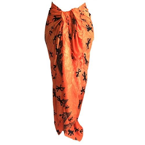 Bali Gecko Sarongs - Orange with playful gecko pattern and fringe trim, perfect for a bohemian summer look.