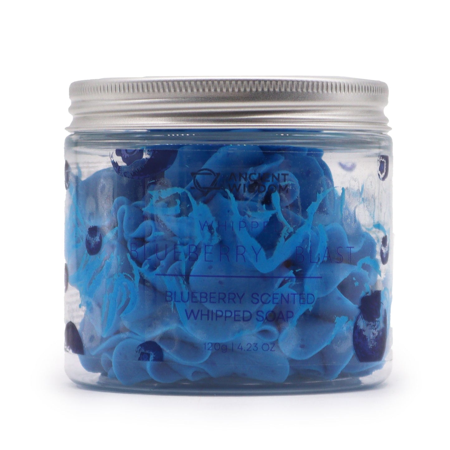 Blueberry Whipped Soap 120g in a clear jar with a silver lid, vivid blue swirls and visible blueberries.