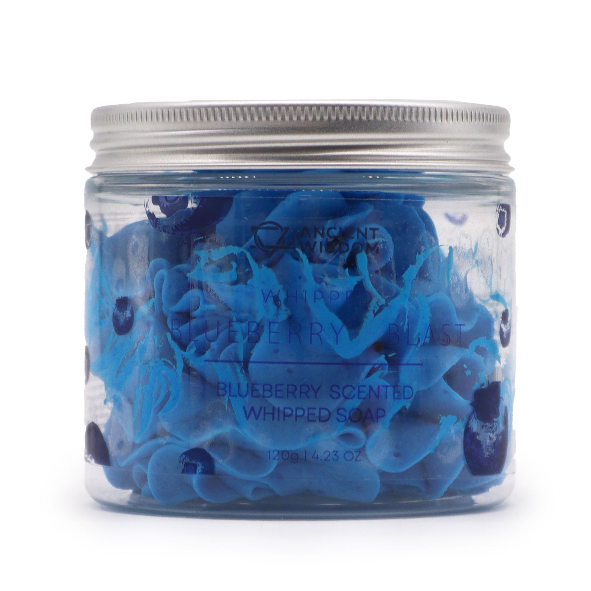 Blueberry Whipped Soap 120g in a clear jar with a silver lid, vivid blue swirls and visible blueberries.