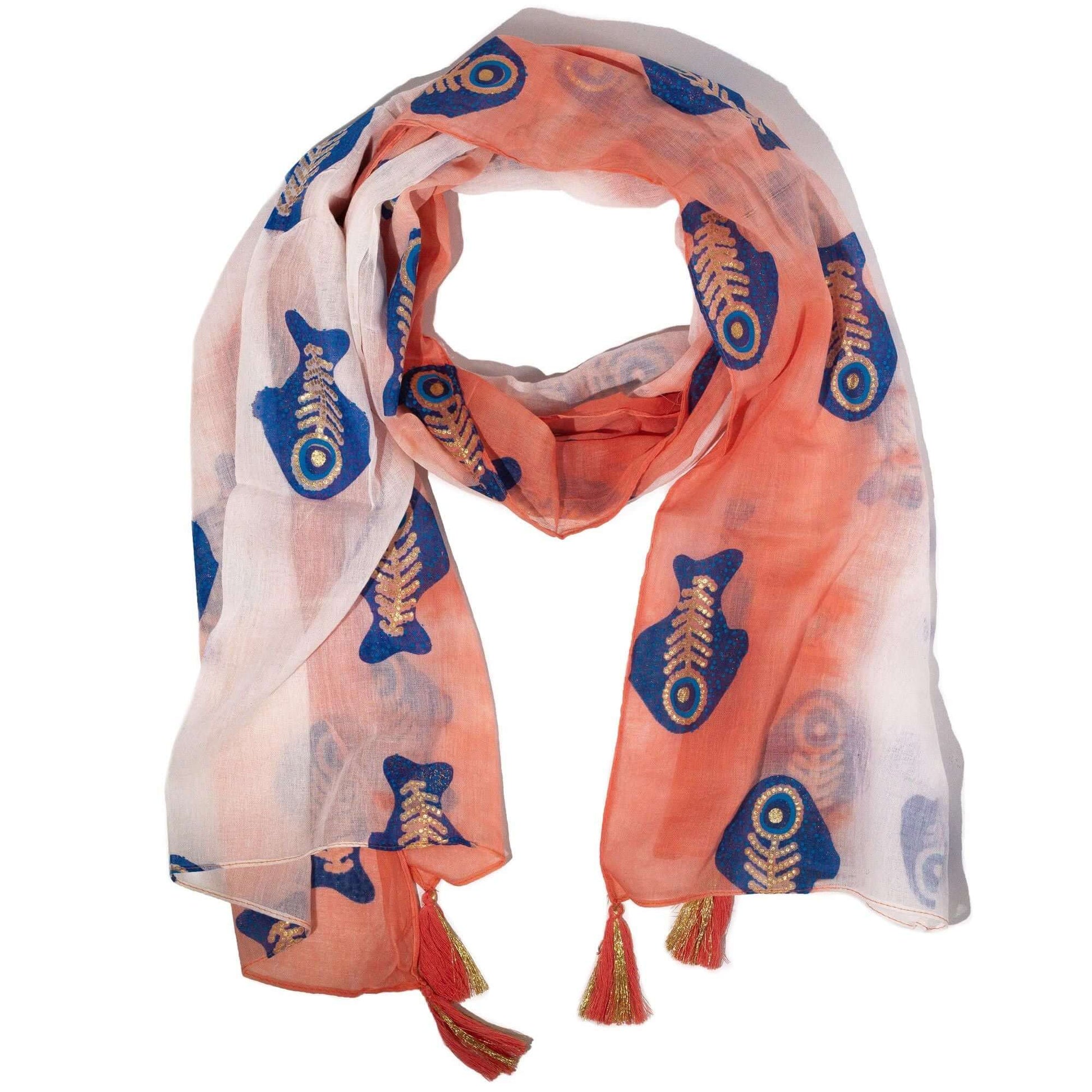 Scarf with blue and gold patterns on a white background