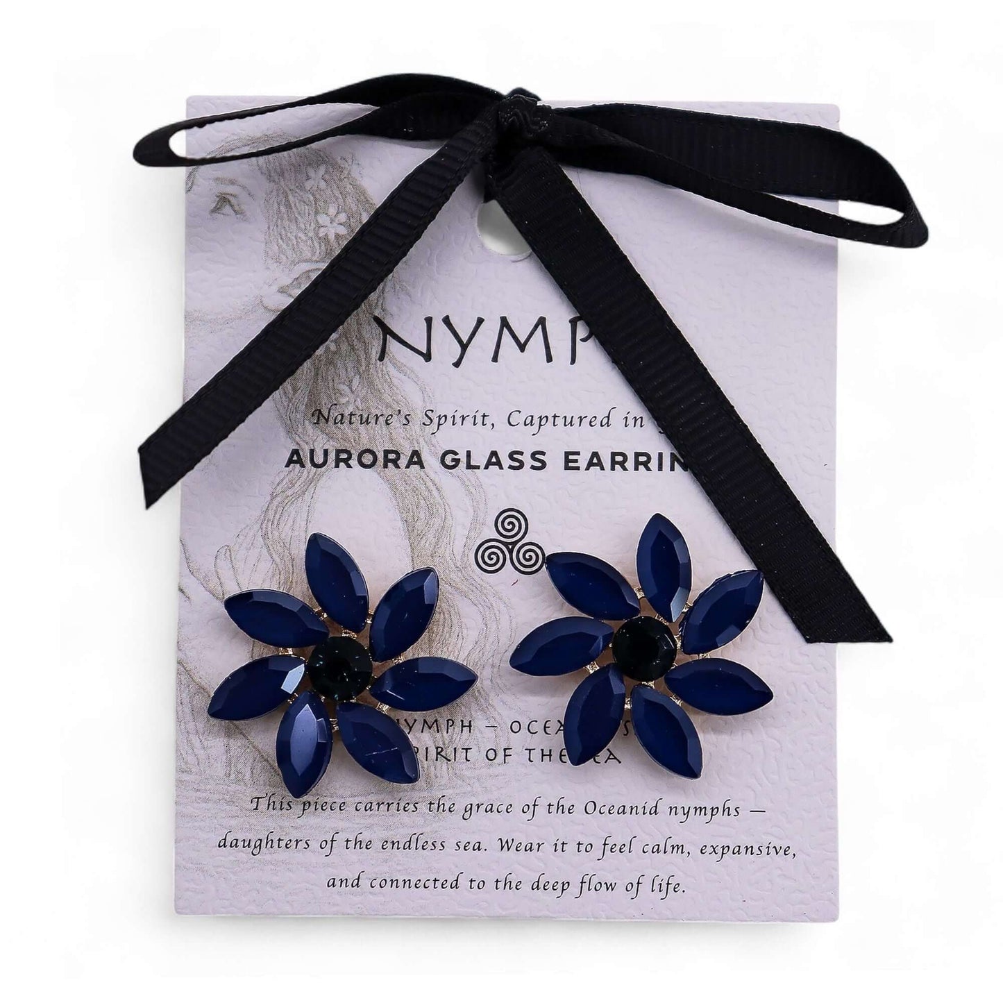 Royal blue vintage glass flower earrings with blue petals, on lavender card tied with a black ribbon.