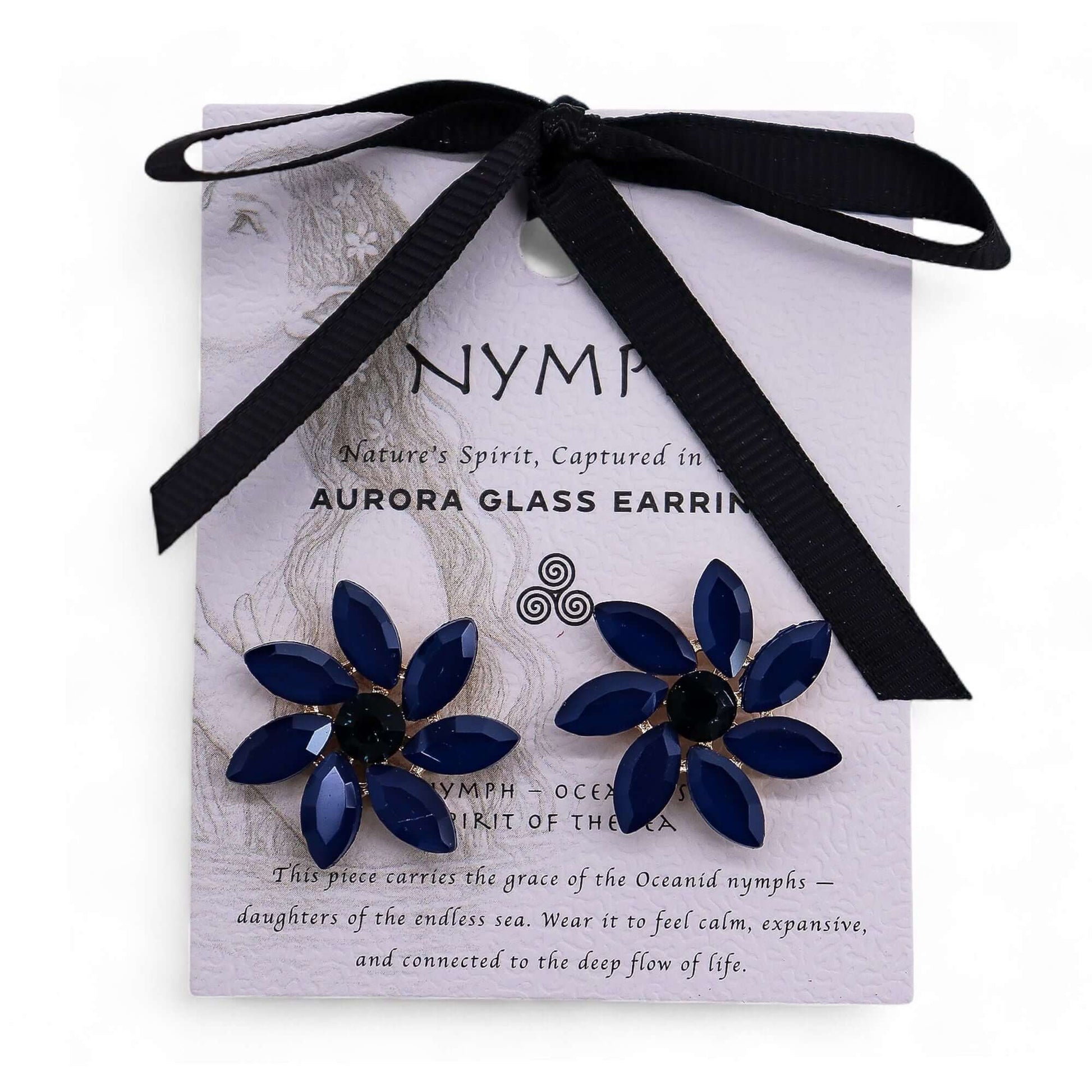 Royal blue vintage glass flower earrings with blue petals, on lavender card tied with a black ribbon.