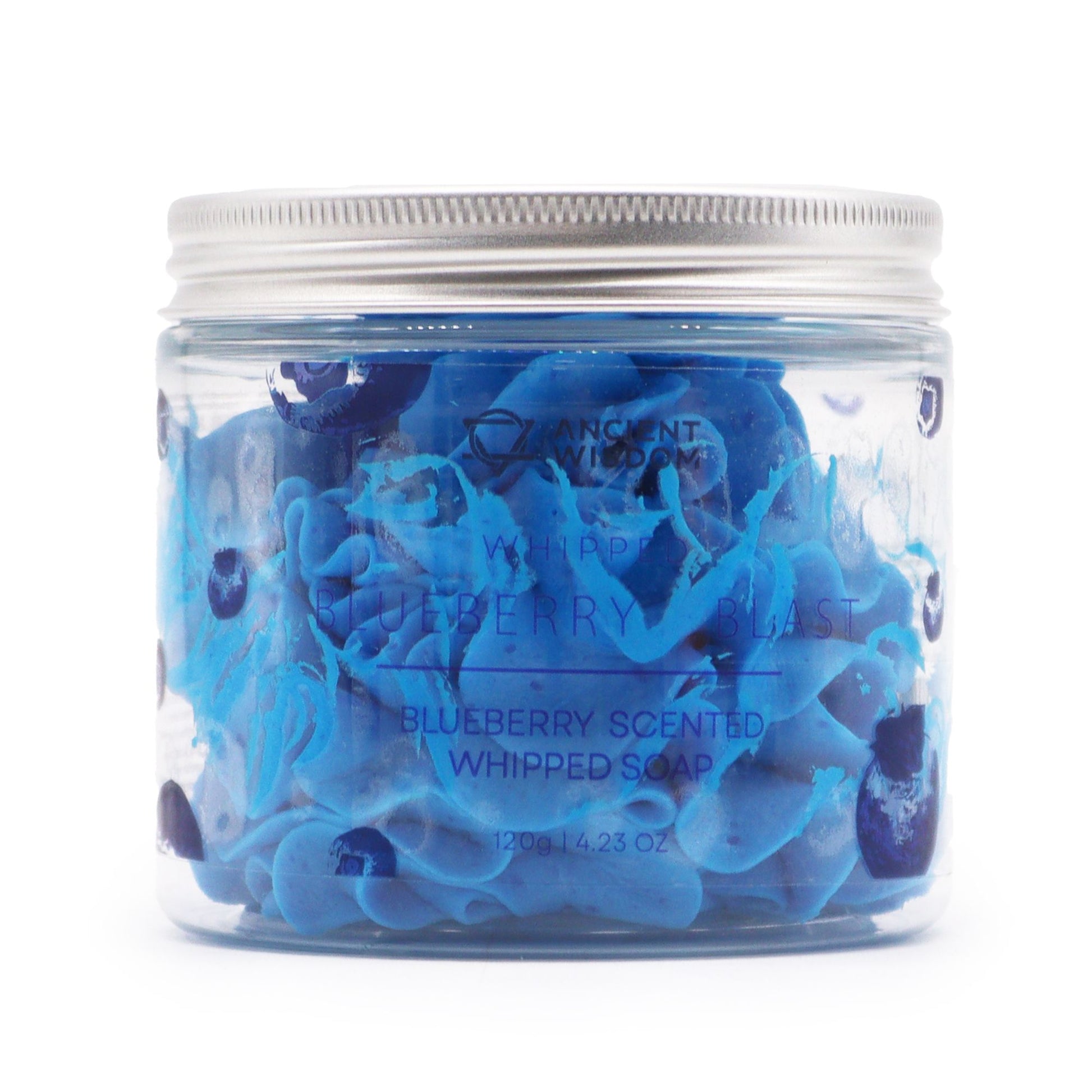 Blueberry Scented Whipped Soap 120g in a clear jar with blue swirls and a silver lid