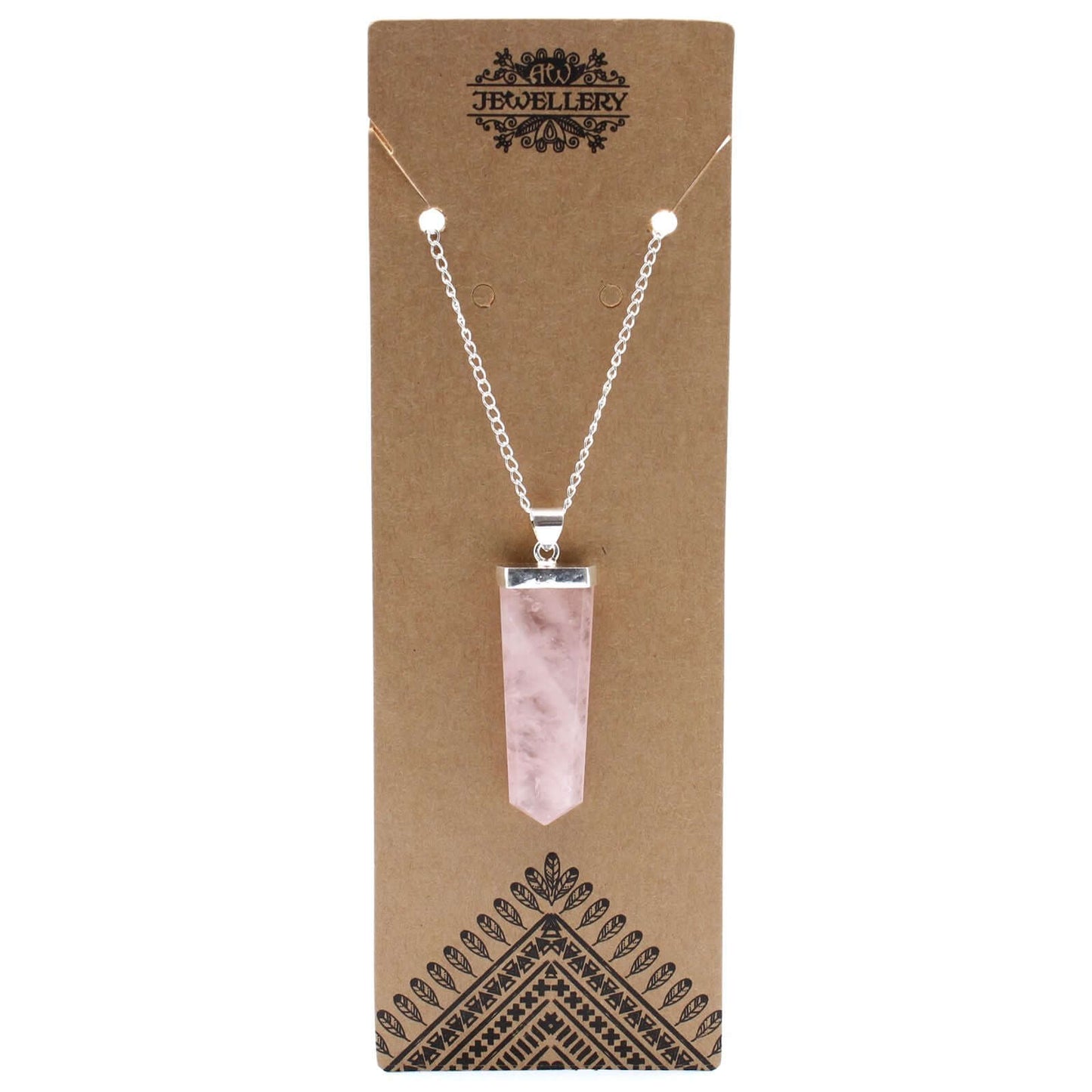 Rose Quartz Flat Pencil Pendant Necklace Gemstone Silver Plated Chain displayed on a decorative backing.