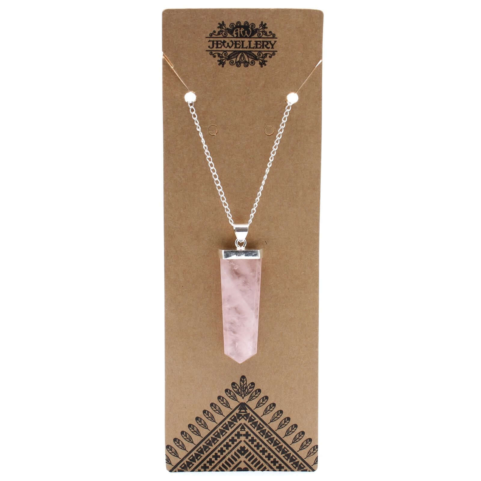 Rose Quartz Flat Pencil Pendant Necklace Gemstone Silver Plated Chain displayed on a decorative backing.