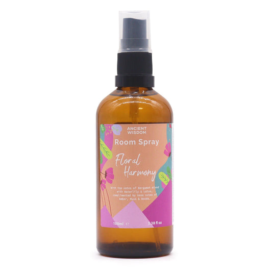 Ancient Wisdom Summer Room Spray - Floral Harmony 100ml amber bottle, floral label, black pump